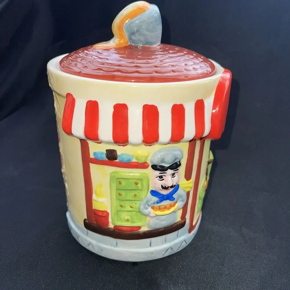 Vintage Italian Mustache Chef Baker Cookie Jar with Lid Village Bakery